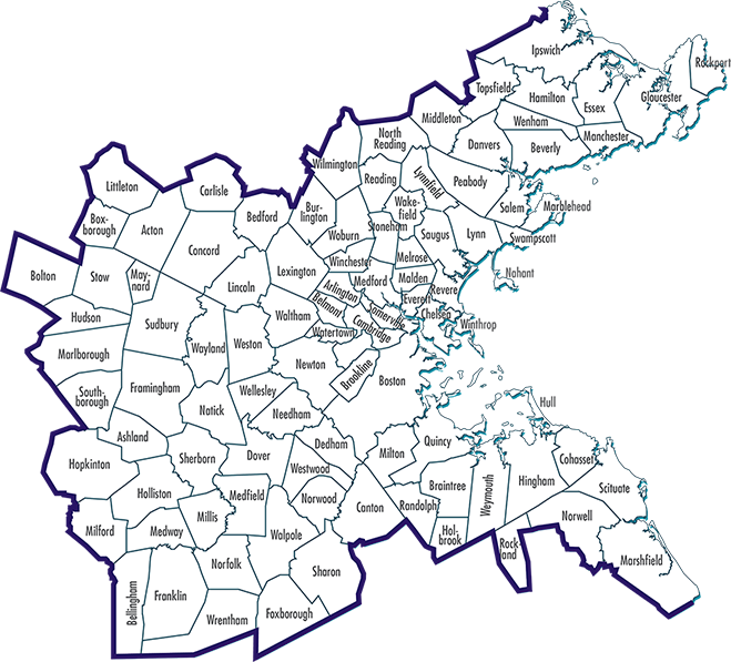 This is a map of the cities and towns in the Boston Region. There are 97 cities and towns within the Boston Region Metropolitan Planning Organization’s planning area.